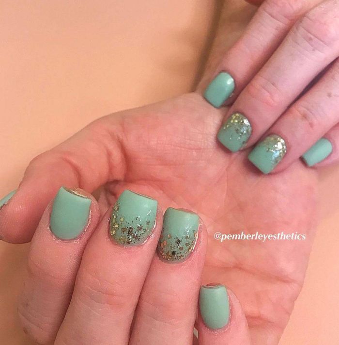 Short Square Sage Green Nail with Sequins