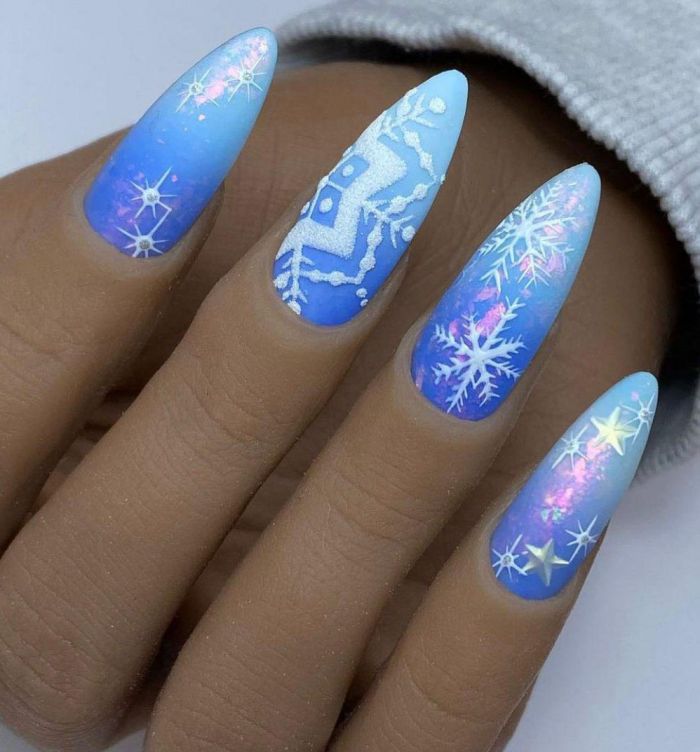 Ombre Blue Almond Snowflake Nail